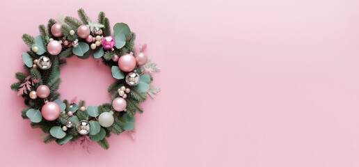 a christmas wreath on pink background, christmas concept, copy space, flat lay, top view