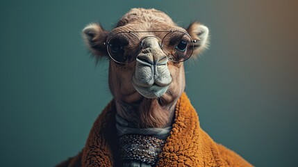 Obraz premium A stylish camel, adorned with a tailored suit, a sleek tie, and enigmatic sunglasses, posed confidently, exuding human-like charisma in a fashion-forward portrait..illustration