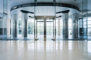 Modern Corporate Building Lobby with Glass Doors