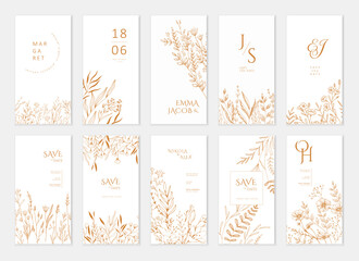 Set of floral invitation save the date card with detailed various flowers. Luxury vintage botanic template layout design, brochure or cover