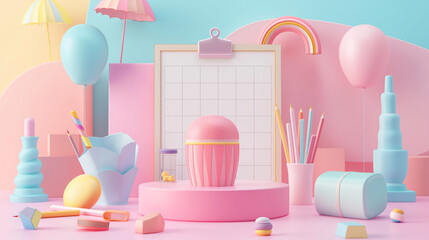 3d rendering concept colorful themes of back to school . educational background with copy space surround by kids merchandise catalog, calendar , pens, erasers, books , childlike, desk,  School supply