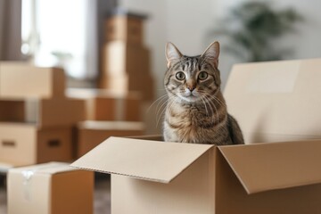 a cat sitting in a pile of boxes, the concept of moving