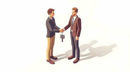 Cartoon style 3D Flat Icon: Real estate agent handing keys to buyers, symbolizing successful purchase and transition into new home for sale