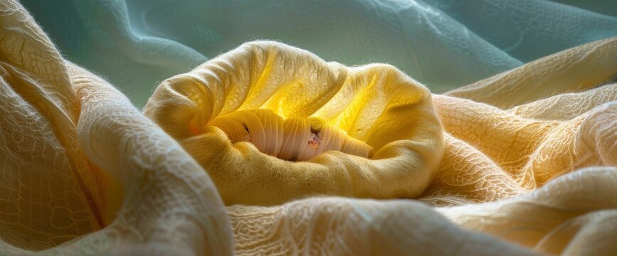 A Silkworm Nestled In Its Yellow Cocoon, Showcasing The Delicate And Fascinating Process Of Silk Production, Standard Picture Mode