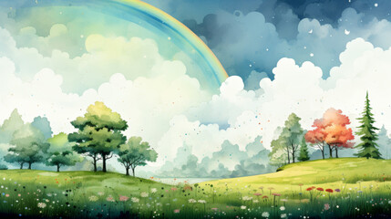 Obraz premium Charming watercolor landscape with trees, clouds, and a rainbow in a serene meadow. Ideal for nature-themed designs.
