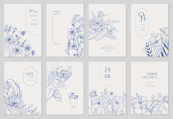 Set of floral invitation save the date card with detailed various flowers. Luxury vintage botanic template layout design, brochure or cover