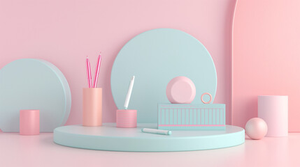 3d rendering concept colorful themes of back to school . educational background with copy space surround by kids merchandise catalog, calendar , pens, erasers, books , childlike, desk,  School supply