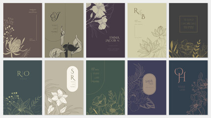 Set of floral invitation save the date card with detailed various flowers. Luxury vintage botanic template layout design, brochure or cover © merfin