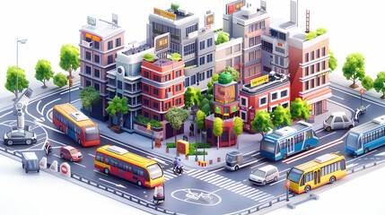 3D Flat Icon Smart Urban Mobility Solutions: Public Transport, Cycling, Walking Paths for Sustainable City Transportation   Cartoon Style Illustration Highlighting Future Integrati