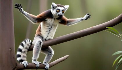 Naklejka premium A Lemur With Its Arms Outstretched Balancing On A