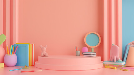 3d rendering concept colorful themes of back to school . educational background with copy space surround by kids merchandise catalog, calendar , pens, erasers, books , childlike, desk,  School supply