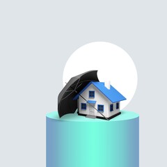 Real estate protection. House model with umbrella