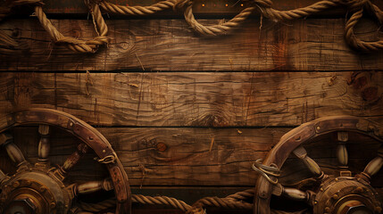 A textural antique background content slide with an old Wild West theme or Nautical Theme - rustic wood planks, a wooden wheel and rope create a western or pirate theme concept - wallpaper, desktop