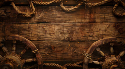 A textural antique background content slide with an old Wild West theme or Nautical Theme - rustic wood planks, a wooden wheel and rope create a western or pirate theme concept - wallpaper, desktop