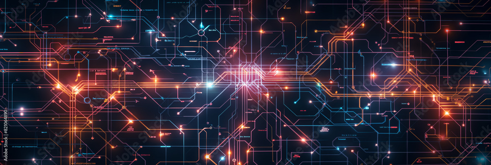 Poster high-tech digital background with a complex circuit board design and glowing connections