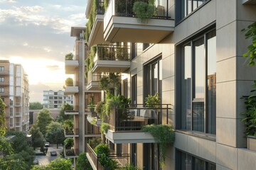 Obraz premium a modern apartment building with plants on the balconies
