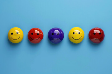 blue happy smile face for medical care concept. face happy, sad, and angry person, mental health positive thinking.