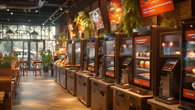 This line of vending machines standing in a restaurant, offering snacks and drinks to customers.
