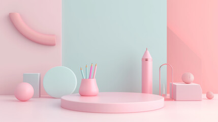 3d rendering concept colorful themes of back to school . educational background with copy space surround by kids merchandise catalog, calendar , pens, erasers, books , childlike, desk,  School supply