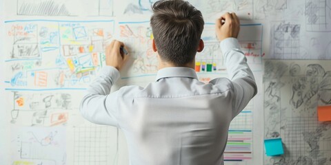 Back view of a man sketching designs and notes on a whiteboard in a bright workspace