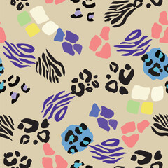 Seamless vector pattern. A vibrant design featuring a colorful leopard and zebra print background. This textile art combines patterns in green blue and pink hues, creating a visually striking art