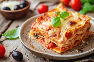 Homemade Lasagna Plate with Fresh Basil