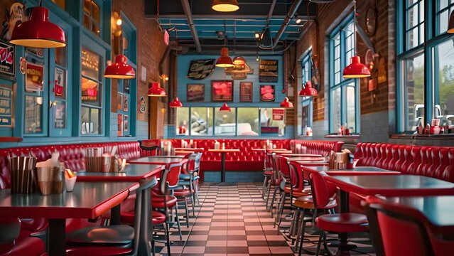 This diner with vibrant red and blue walls, showcasing retro decor and cozy seating.