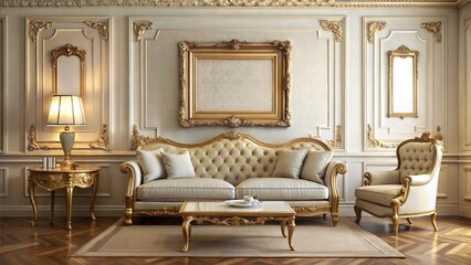 Classic Living Room Frame Mockup – Gold Frame: A timeless living room with a gold frame on an off-white wall, suitable for vintage or classical artwork.
