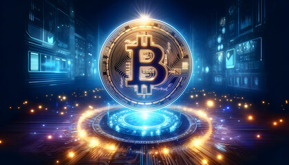 Glowing Bitcoin Symbol in Futuristic Digital Environment