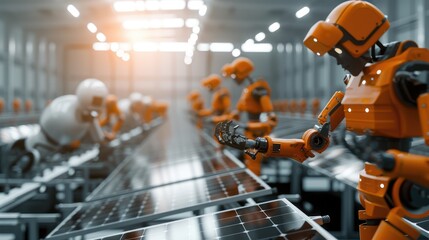 Industrial Robots Assembling Solar Panels in Factory