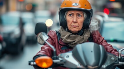 Elderly woman with gray hair, wearing a helmet and riding a motorcycle through busy city traffic