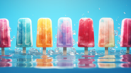 Many colorful Ice cream on a stick, blue background.