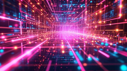 Fototapeta premium Abstract digital technology background featuring interconnected grids of neon lights and circuit patterns