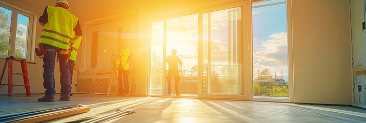 Builders in hard hats and work gear installing a large window in the living room of a new house