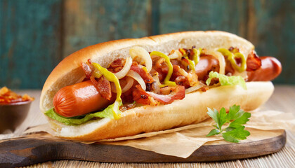 Hotdog sandwich with crispy bacon, onions, mustard and lettuce on a wooden tray.