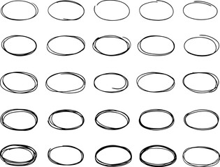 Pixel perfect icon set of hand drawn handdrawn oval shapes by black pencil pen. Thin line icons flat vector illustrations isolated on white transparent background
