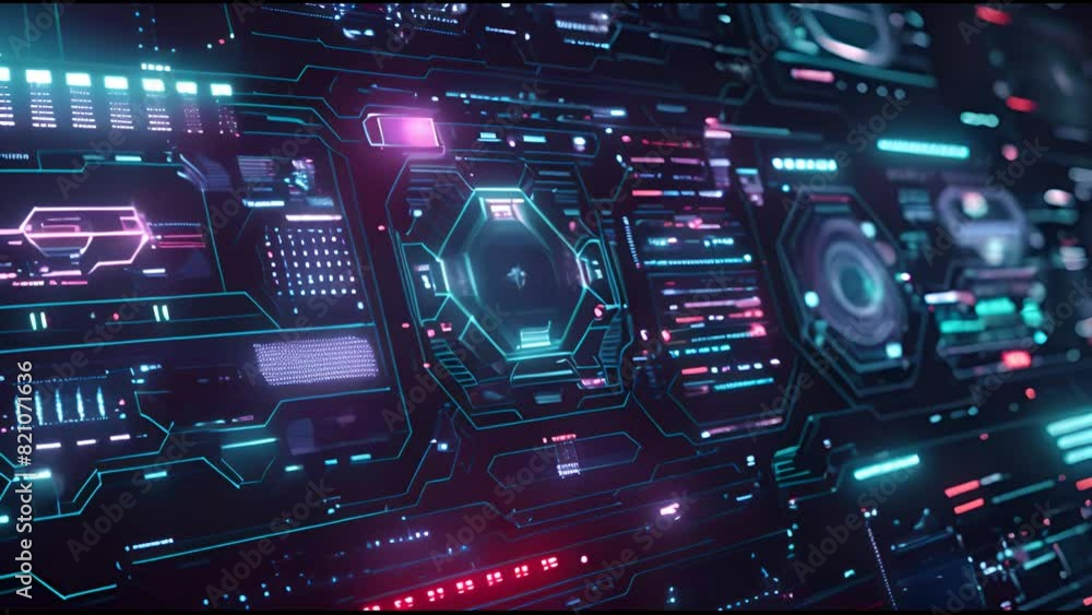 Poster Future-oriented user interface design. High-tech screen for a video game. Sci-fi concept design. Callouts. Modern banner. Hologram overlay. Neon hologram background.