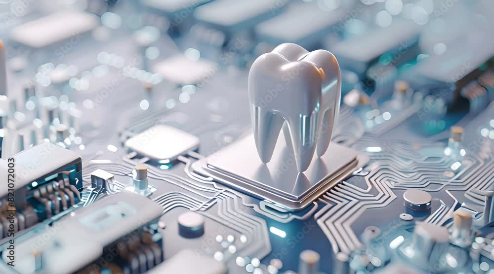 Wall mural A conceptual image showing a 3D model of a tooth placed centrally on a detailed circuit board.