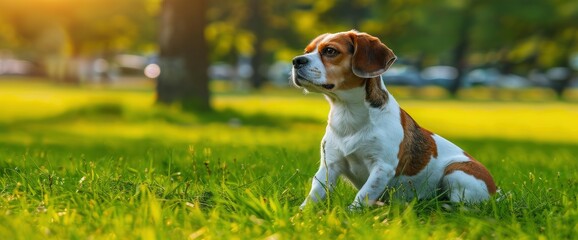 A Cute Beagle Dog Sits Attentively On The Green Grass, Captured Beautifully In An Outdoor Field Shoot