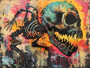 A gritty urban mural depicts a skull with bold colors and splattered paint