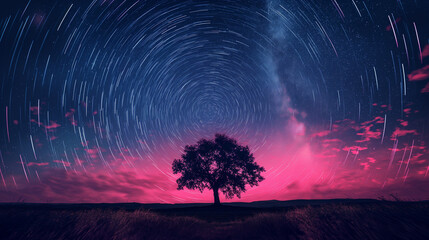 Fototapeta premium Digital generated image of long exposure stars trail on night sky with tree silhouette in the middle of pink circle.