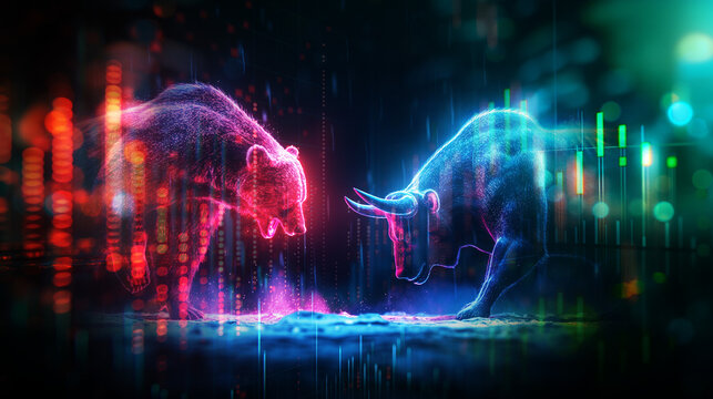 Bull and bear in digital hologram style, concept of stock market exchange or financial technology