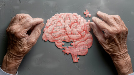 An elderly person's hands assembling a brain-shaped puzzle. The concept of restoring and preserving memories, memory loss. Alzheimer's and dementia.