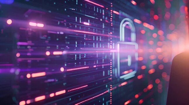 Futuristic digital security concept with glowing padlock icon overlaid on binary code data streams.