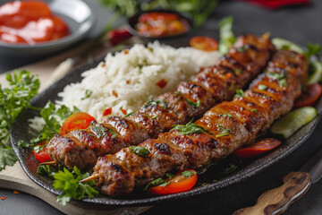 Adana Kebab - Turkish dish with grilled meat, vegetables, onion and rice on plate