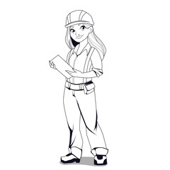 Girl engineer in a construction helmet with a tablet on a white background: vector illustration for modern projects. Suitable for various construction, architectural and engineering projects.