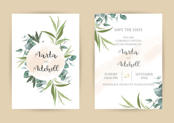 Herbal selection vector frames. Hand painted branches, leaves on white background. Greenery wedding simple minimalist invitations. Watercolor style cards.