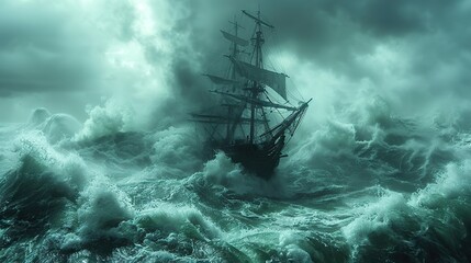 Obraz premium A tempest-tossed vessel battled leviathan's wrath, its sails straining against the relentless assault of monstrous waves..illustration stock image