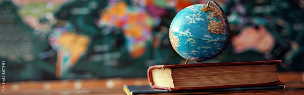 Aufkleber globe on stack of books with world map background