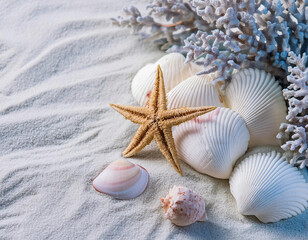 Summer theme featuring starfish and seashells on sand, viewed from above in a flat lay arrangement.